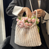 Maxbell 3D Rose Bouquet Bouquet Woven Beach Bag Shoulder Bag for Trip Shopping Pink