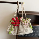Maxbell 3D Rose Bouquet Bouquet Woven Beach Bag Shoulder Bag for Trip Shopping Red