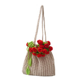Maxbell 3D Rose Bouquet Bouquet Woven Beach Bag Shoulder Bag for Trip Shopping Red