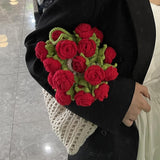 Maxbell 3D Rose Bouquet Bouquet Woven Beach Bag Shoulder Bag for Trip Shopping Red