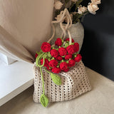 Maxbell 3D Rose Bouquet Bouquet Woven Beach Bag Shoulder Bag for Trip Shopping Red