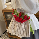Maxbell 3D Rose Bouquet Bouquet Woven Beach Bag Shoulder Bag for Trip Shopping Red