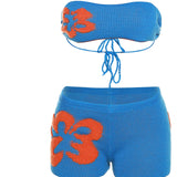 Maxbell 2Pcs Women Knitted Shorts Set Outfits Stylish Crochet Tube Crop Tops S