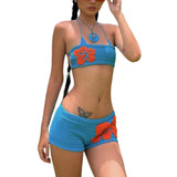 Maxbell 2Pcs Women Knitted Shorts Set Outfits Stylish Crochet Tube Crop Tops L