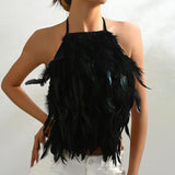 Maxbell Artificial Feather Halter Tank Top Crop Top for Party Gift Stage Performance