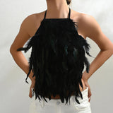 Maxbell Artificial Feather Halter Tank Top Crop Top for Party Gift Stage Performance