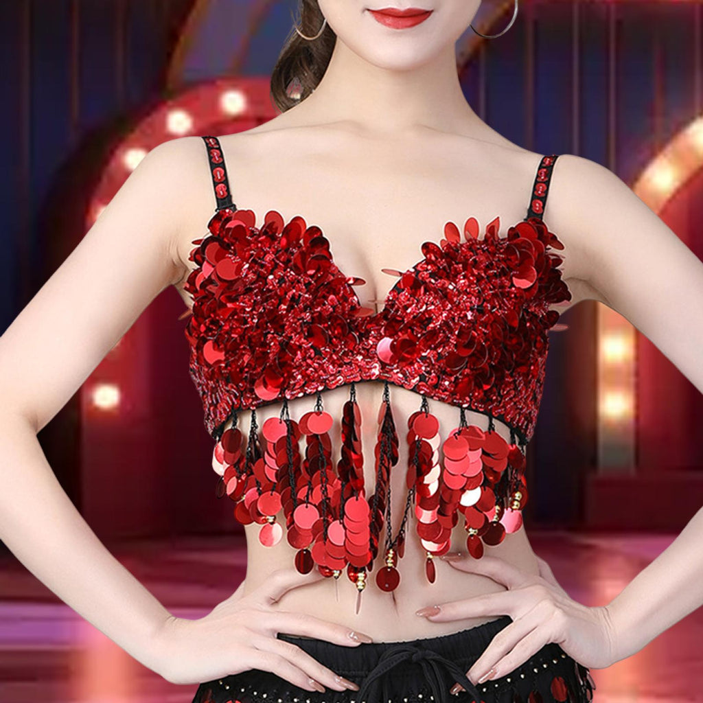 Maxbell Sequin Crop Top Clubwear Outfits for Women Outerwear Bra for Club  Stage Show 36 Yards Red