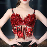 Maxbell Sequin Crop Top Clubwear Outfits for Women Outerwear Bra for Club Stage Show 36 Yards Red