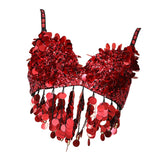 Maxbell Sequin Crop Top Clubwear Outfits for Women Outerwear Bra for Club Stage Show 38 Yards Red