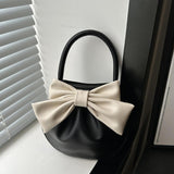 Maxbell Women Handbag Fashionable Ruched Handheld PU Leather Cute with Bowknot Small Black