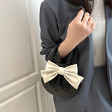 Maxbell Women Handbag Fashionable Ruched Handheld PU Leather Cute with Bowknot Small Black