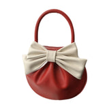 Maxbell Women Handbag Fashionable Ruched Handheld PU Leather Cute with Bowknot Small Red