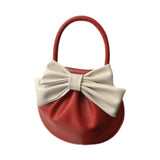 Maxbell Women Handbag Fashionable Ruched Handheld PU Leather Cute with Bowknot Small Red