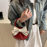 Maxbell Women Handbag Fashionable Ruched Handheld PU Leather Cute with Bowknot Small Red