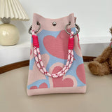 Maxbell Knitted Handbag Reusable Casual Soft Shopping Pouch for Daily Vacation Beach Pink