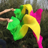 Maxbell Silk Belly Dance Fan Bamboo Long Fans Veils for Costume Accessories Carnival green yellow