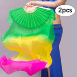 Maxbell Silk Belly Dance Fan Bamboo Long Fans Veils for Costume Accessories Carnival green yellow