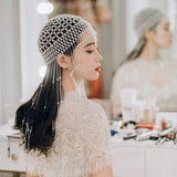 Maxbell Tassel Pearl Headpiece Flapper Bridal Tassel Cap for Parties Wedding Cosplay