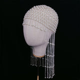 Maxbell Tassel Pearl Headpiece Flapper Bridal Tassel Cap for Parties Wedding Cosplay
