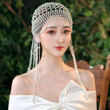 Maxbell Tassel Pearl Headpiece Flapper Bridal Tassel Cap for Parties Wedding Cosplay