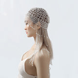 Maxbell Tassel Pearl Headpiece Flapper Bridal Tassel Cap for Parties Wedding Cosplay