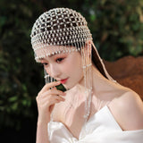 Maxbell Tassel Pearl Headpiece Flapper Bridal Tassel Cap for Parties Wedding Cosplay