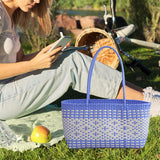 Maxbell Handwoven Shopping Basket Fashion Hand Woven Tote for Camping Outdoor Travel Blue