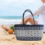 Maxbell Handwoven Shopping Basket Fashion Hand Woven Tote for Camping Outdoor Travel Black