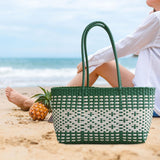 Maxbell Handwoven Shopping Basket Fashion Hand Woven Tote for Camping Outdoor Travel Green