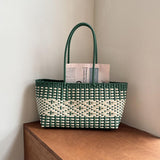 Maxbell Handwoven Shopping Basket Fashion Hand Woven Tote for Camping Outdoor Travel Green