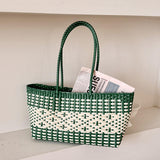 Maxbell Handwoven Shopping Basket Fashion Hand Woven Tote for Camping Outdoor Travel Green