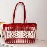 Maxbell Handwoven Shopping Basket Fashion Hand Woven Tote for Camping Outdoor Travel Red