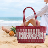 Maxbell Handwoven Shopping Basket Fashion Hand Woven Tote for Camping Outdoor Travel Red