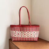 Maxbell Handwoven Shopping Basket Fashion Hand Woven Tote for Camping Outdoor Travel Red