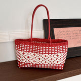 Maxbell Handwoven Shopping Basket Fashion Hand Woven Tote for Camping Outdoor Travel Red