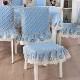 Maxbell A Set of Light Blue Fresh Style Chair Cushion + Backrest Cover for Dining Room Chairs with Clear Golden Lace Decoration - Aladdin Shoppers