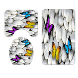Maxbell 4 Pieces Butterfly Pebbles Shower Curtain Set w/ Bath Rug Toilet Lid Cover