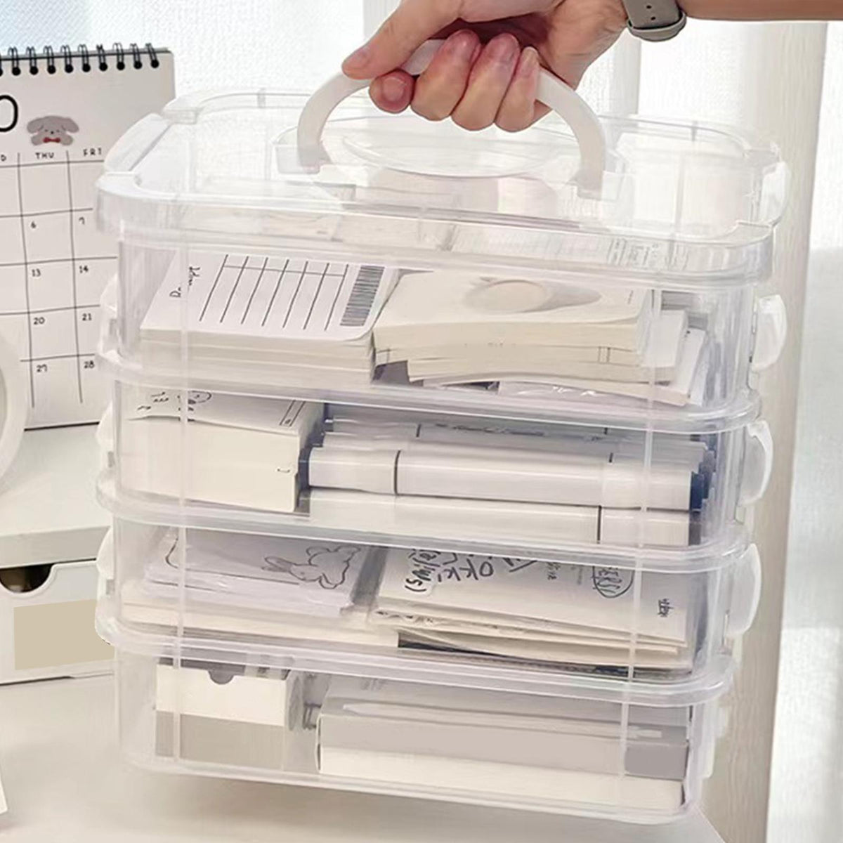 Maxbell Stackable Storage Box Cosmetic Organiser Case for Playroom Countertop Office White Handle