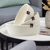 Maxbell 3Pcs Round Small Woven Baskets Set Bowl Desktop Sundries Cotton Rope Baskets White