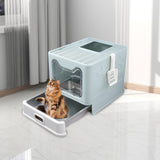 Maxbell Cat Litter Box with Lid Folding Hooded Front Entry Top Exit Kitty Litter Pan Blue