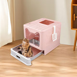 Maxbell Cat Litter Box with Lid Folding Hooded Front Entry Top Exit Kitty Litter Pan Pink