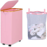 Maxbell Wheeled Laundry Basket with Lid Folding Organizer for Home Blankets Bathroom Pink