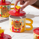 Maxbell Cute Bear Coffee Mug with Lid and Spoon Teacup for Office Dorm Birthday Gift French Fries