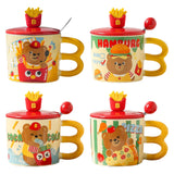 Maxbell Cute Bear Coffee Mug with Lid and Spoon Teacup for Office Dorm Birthday Gift French Fries