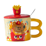 Maxbell Cute Bear Coffee Mug with Lid and Spoon Teacup for Office Dorm Birthday Gift French Fries