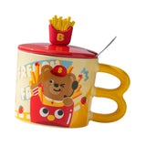 Maxbell Cute Bear Coffee Mug with Lid and Spoon Teacup for Office Dorm Birthday Gift French Fries