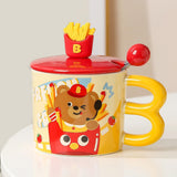 Maxbell Cute Bear Coffee Mug with Lid and Spoon Teacup for Office Dorm Birthday Gift French Fries