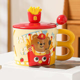 Maxbell Cute Bear Coffee Mug with Lid and Spoon Teacup for Office Dorm Birthday Gift French Fries