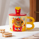 Maxbell Cute Bear Coffee Mug with Lid and Spoon Teacup for Office Dorm Birthday Gift French Fries