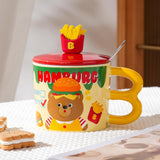 Maxbell Cute Bear Coffee Mug with Lid and Spoon Teacup for Office Dorm Birthday Gift Burger